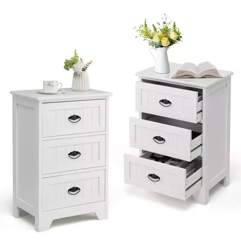 Set of 2 Nightstands with 3 Drawers, Wood Bedside End Table, White