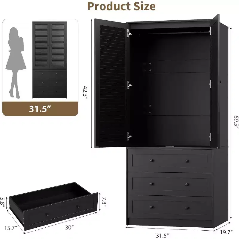 Armoire Wardrobe Closet Wooden Wardrobe Cabinet with 3 Drawers Hanging Rod 2 Doors Clothing Storage Cabinet Large Capacity Storage