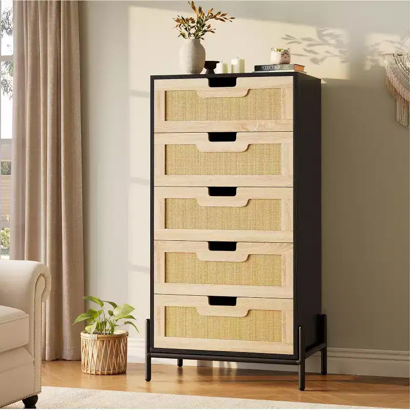 Natural Rattan 5-Drawer Dresser, Modern Farmhouse Wooden Chest with Solid Metal Legs, Bedroom, Entryway & Living Room Storage Cabinet
