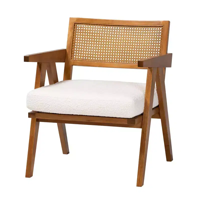 Baxton Studio Jetsam Boucle Fabric and Wood Arm Chair Cream/Walnut Brown: Upholstered Accent Furniture