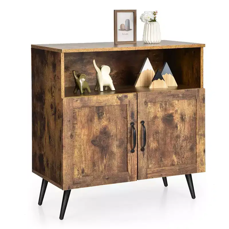 Mid-Century 2-Door Storage Cabinet Sideboard with Wine Glass Racks, Rustic Brown