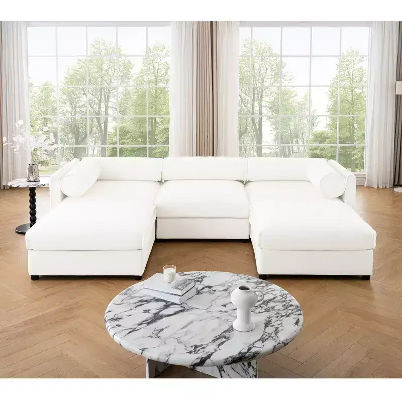Elegant White Chenille Sofa with Storage Seat and Ottoman, U-Shaped 3-Seater Cylindrical Backrest and Armrests