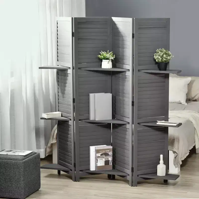 4 Panel Folding Room Divider Freestanding Paulownia Wood Privacy Screen Panel with Storage Shelves for Bedroom Office Gray