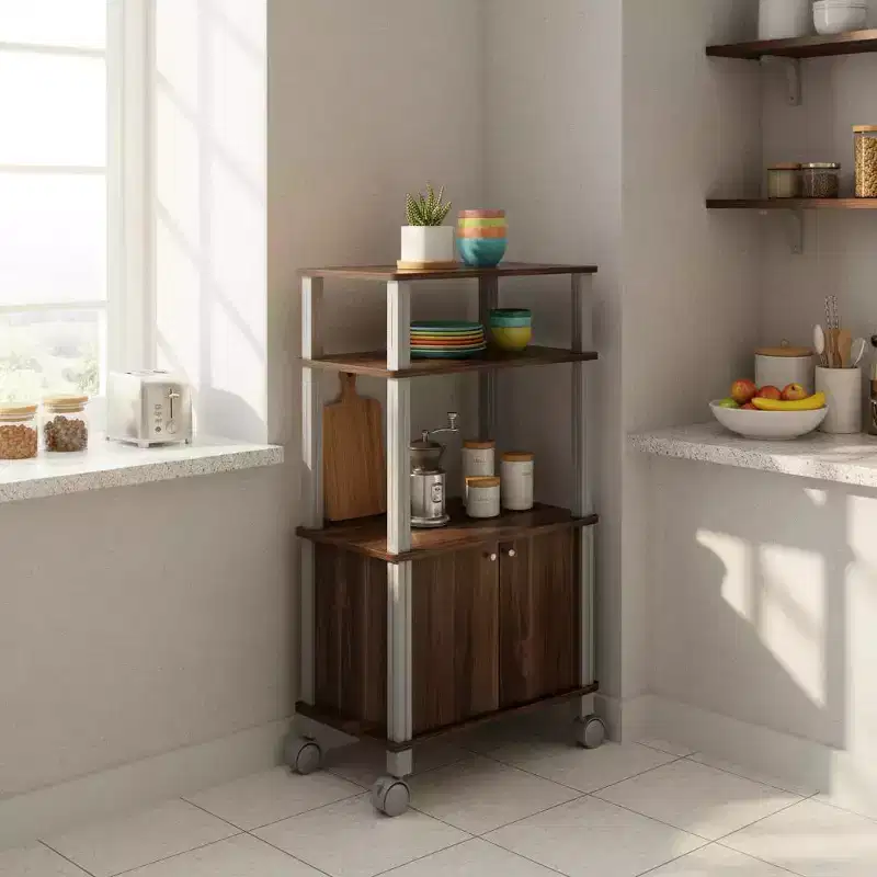 Gymax Multi-purpose Walnut Rolling Storage Cart with Bakers Rack and Microwave Stand