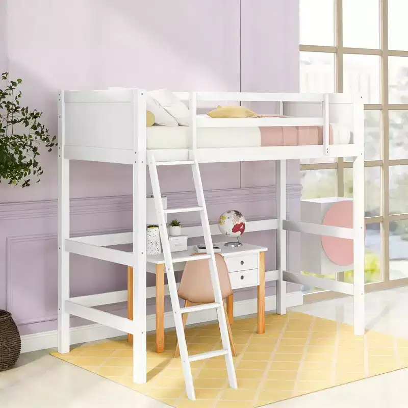 Luxystar Modern Twin Size Wood Loft Bed with Ladder and Guardrails, White