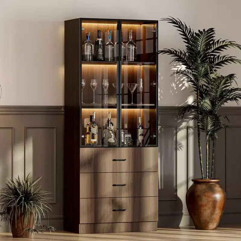 Famapy Kitchen Storage Cabinet Adjustable Shelf Pantry 3-Light Kitchen Hutch Glass Door Kitchen Cabinet Dark Wood Grain Organizer for Kitchen & Bar