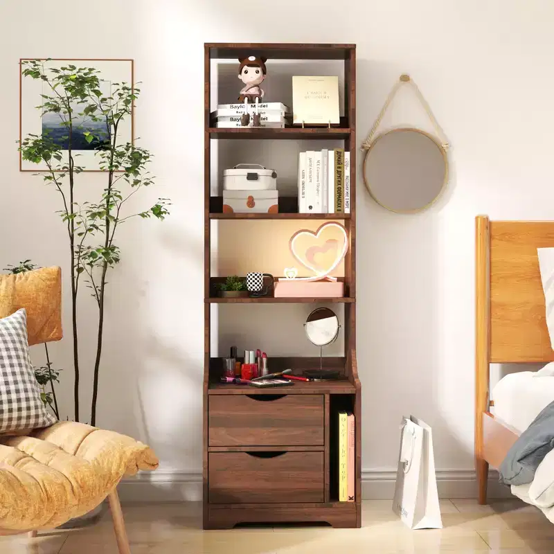 Nightstand with Bookshelf and 2 Storage Drawers for Bedroom