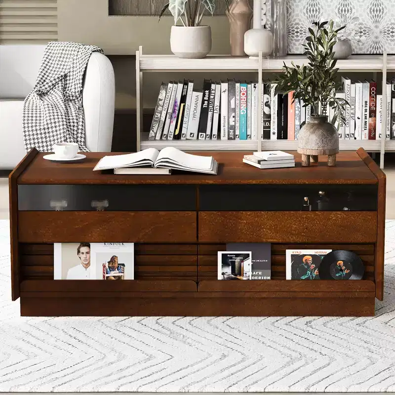 47.2-inch Modern Wooden Rectangular Coffee Table with 4 Drawers and 2 Display Shelves, Tempered Glass Top, Brown