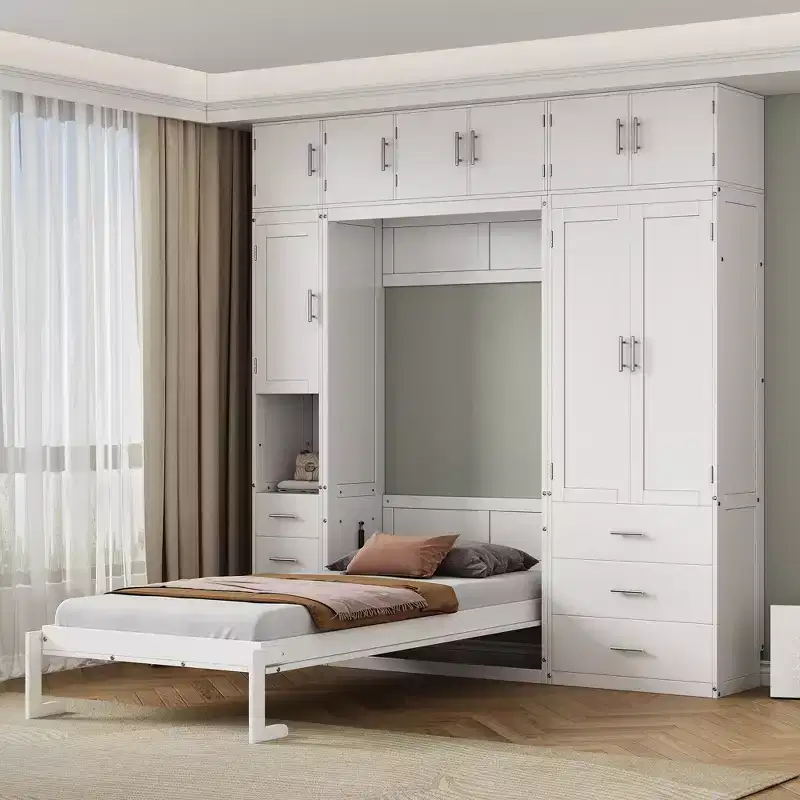 Murphy Bed Cabinet with Lockers and Storage Wardrobes Shelves, Wood Foldable Hidden Wall Platform Bedframe Chest, White