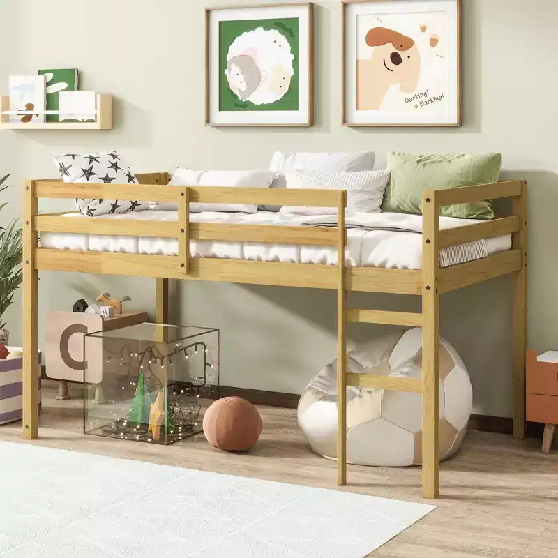MAYEERTY Twin Loft Bed Solid Rubber Wooden with Ladder Bed Platform of Strengthened Slats for Living Room Beige