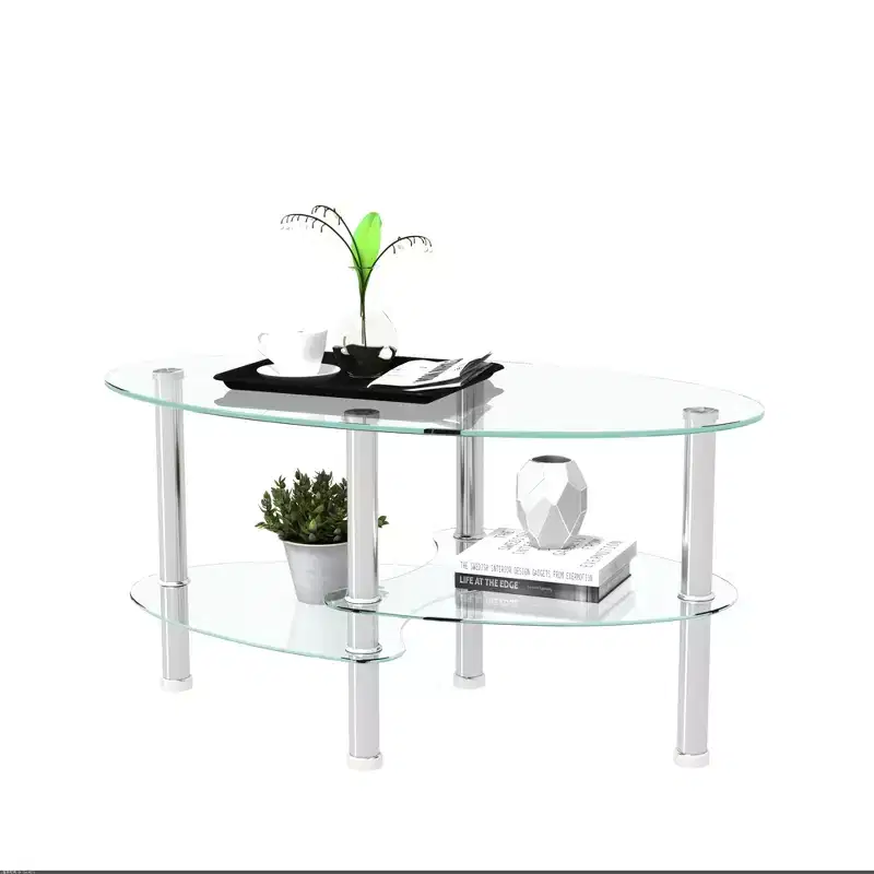 Transparent Oval 3-Layer Glass Coffee Table, Modern Tempered Glass Table with Stainless Steel Legs for Living Room Office