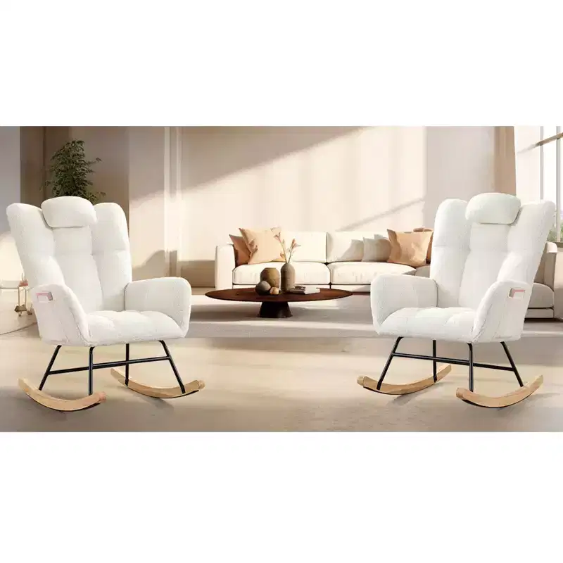 2PCS Modern Upholstered Stuffed Animal Fabric Rocking Chair, High Backrest Padded Seat, Side Pocket for Nursery Living Room Office