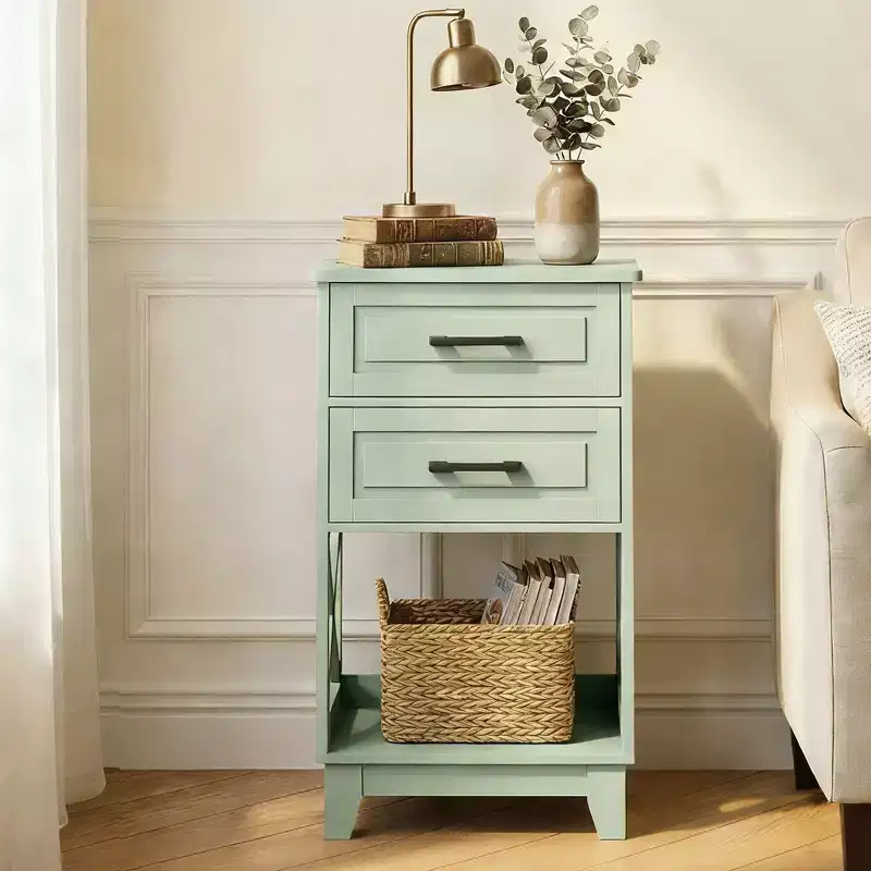 Tall Nightstand with 2 Drawers and Open Shelf Below