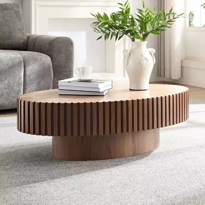 Oval Drum Coffee Table, Modern Pedestal Center Table for Living Room, Walnut