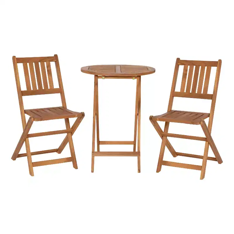Merrick Lane Three Piece Solid Acacia Wood Folding Patio Bistro Set with Lightweight Round Table and Two Chairs, Natural