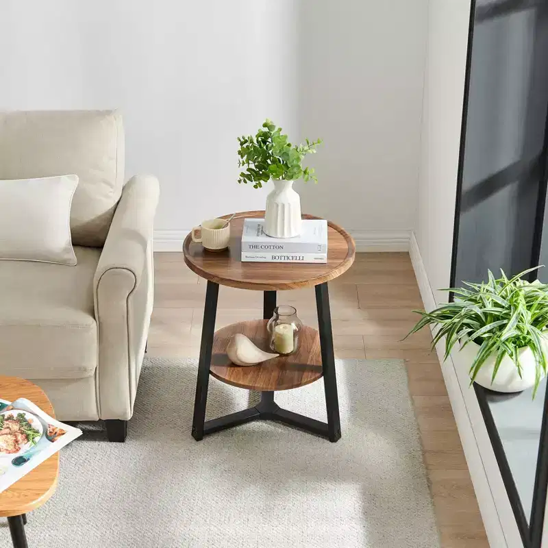 Mason Round 2-Tier Mid-Century Side Accent Table – Walnut/Black, Pedestal Legs, MDF