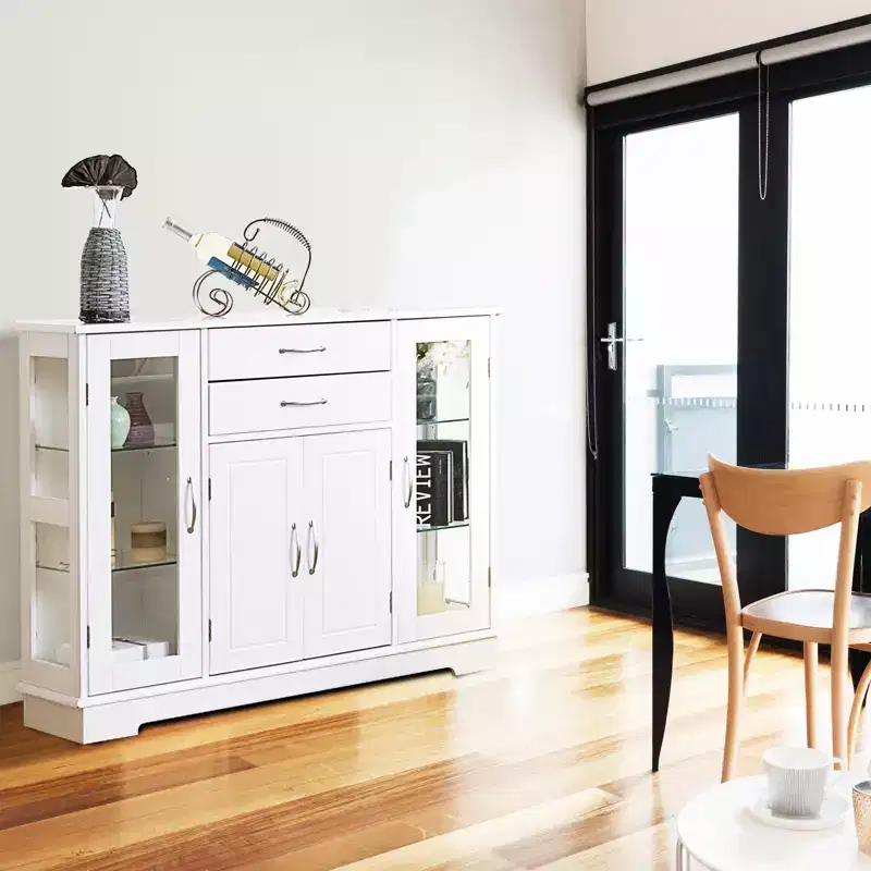 Buffet Storage Cabinet Console Cupboard with Glass Doors and Drawers for Kitchen and Dining Room