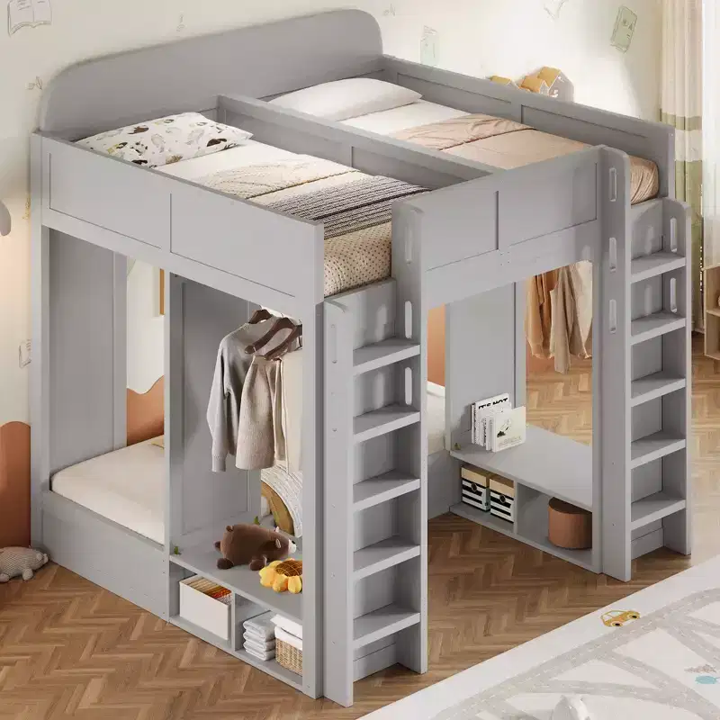 Whisen Twin + Twin over Twin XL Triple Bunk Bed & Bed Frame with Storage Shelves and Hooks