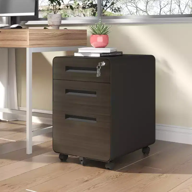 23 3-Drawer Mobile File Cabinet, Black Cold-Rolled Steel Lockable Under-Desk Cabinet (5-Wheel Anti-Tilting for A4/Legal/Letter Files)