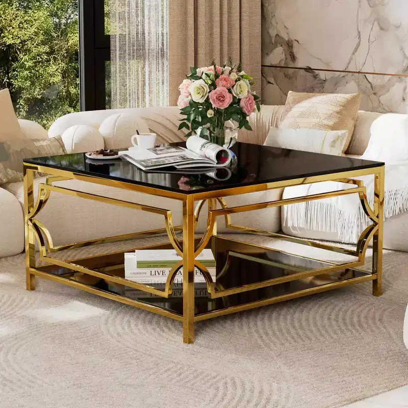 Merax Square Coffee Table with Black or Clear Glass Top and Two-Tier Display Shelf