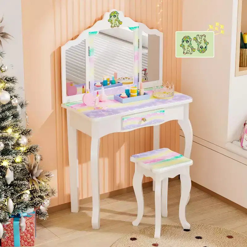 JOYMOR Luminous Unicorn Kids Vanity, 2-in-1 Toddler Vanity, w/Tri-Fold Mirror, 1 Drawer, Kids Vanity Table and Chair Set for Girls, Perfect Birthday