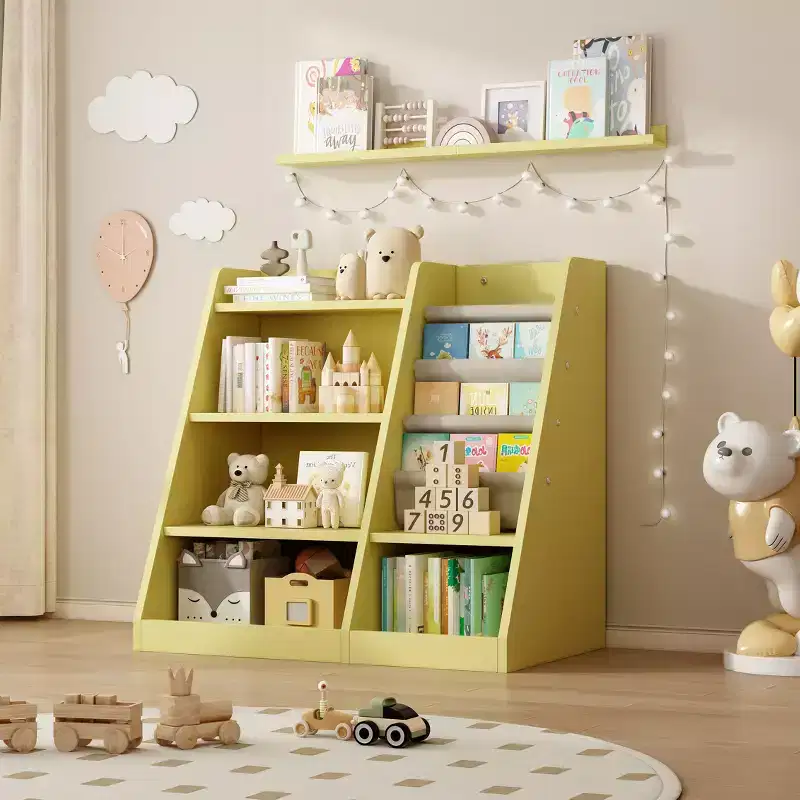 Yellow Wooden Toy Storage Organizer Cabinet Kids Bookshelf Children Bookcase Toddler Baby Sling Book Rack Shelf