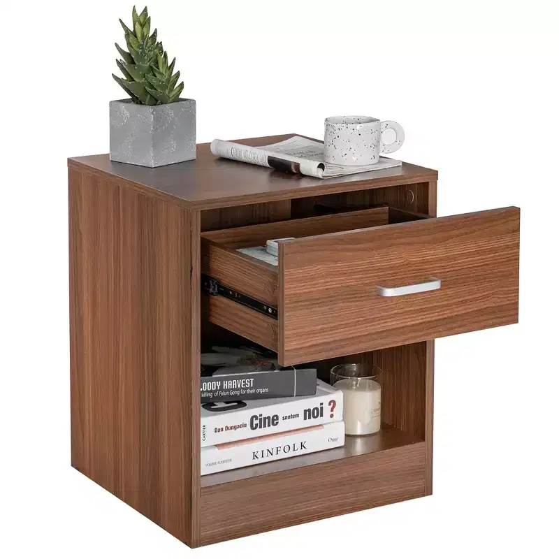 Modern Nightstand with Drawer and Open Shelf Black/Brown