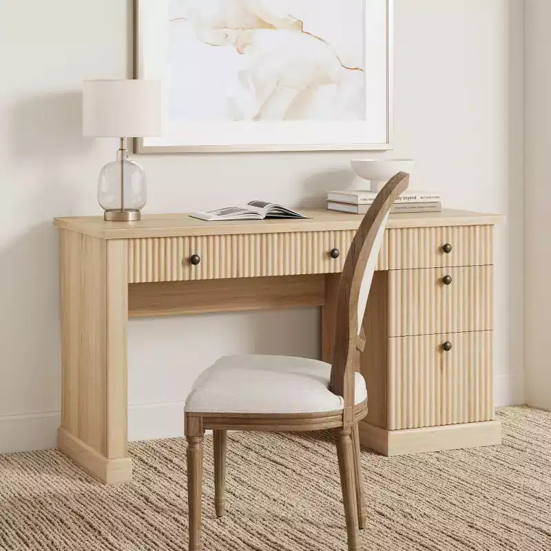 Fluted Home Office Desk Storage, 54 Modern Executive Desk with Charging Station, Wooden Computer Writing Desk with File Drawers for Study Room