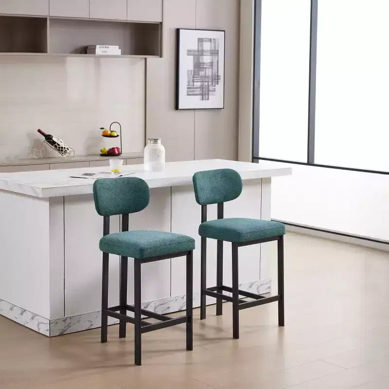 2 Upholstered Fabric Counter Height Bar Stools for Dining Rooms, Armless Chairs Kitchen Island Stools with Black Metal Legs