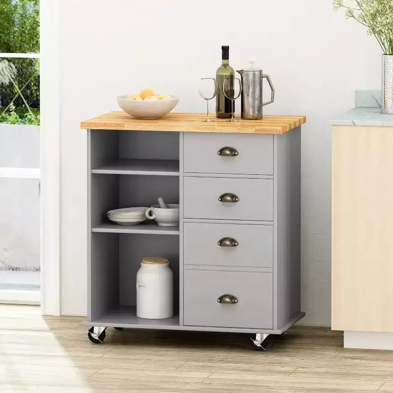 Okak Kitchen Island Table with Storage, Kitchen Island On Wheels with Worktop, Cabinet and Drawers, Kitchen Cart for Kitchen, Dining Room