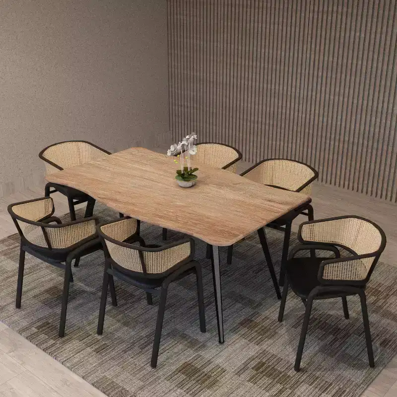 LeisureMod Ravenna 63 Rectangular Modern Dining Table  Wavy Edge Wood Top with Metal Legs for Kitchen, Dining Room & Contemporary Spaces