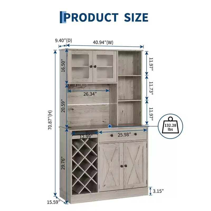 Coffee Bar Cabinet with Power Outlet & Exquisite Barn Doors, Sideboard Buffet Cabinet with Wine Bottle Rack