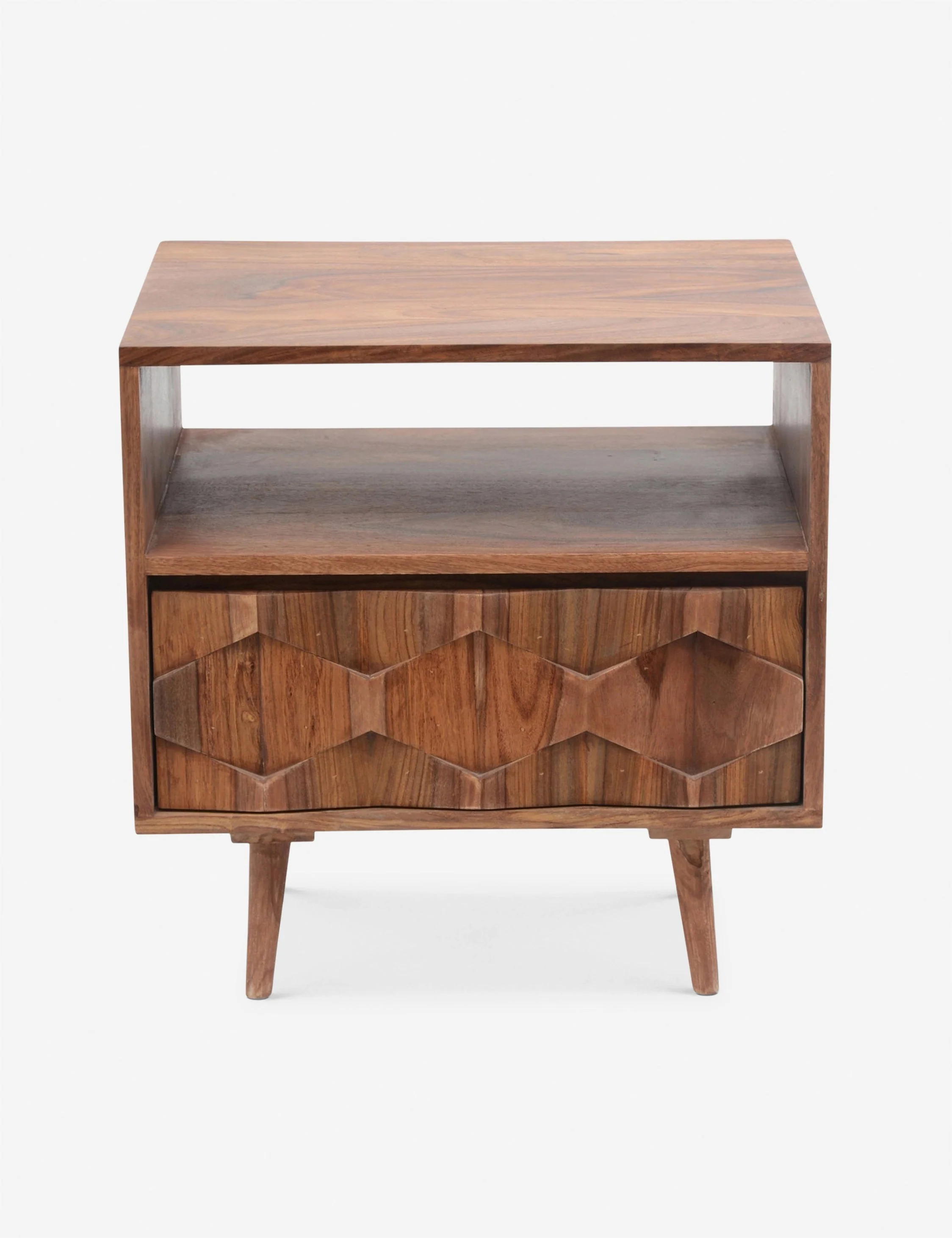 Nightstand With mid-century modern inspiration, this sheesham wood nightstand blends retro and contemporary style. Featuring an open shelf and one
