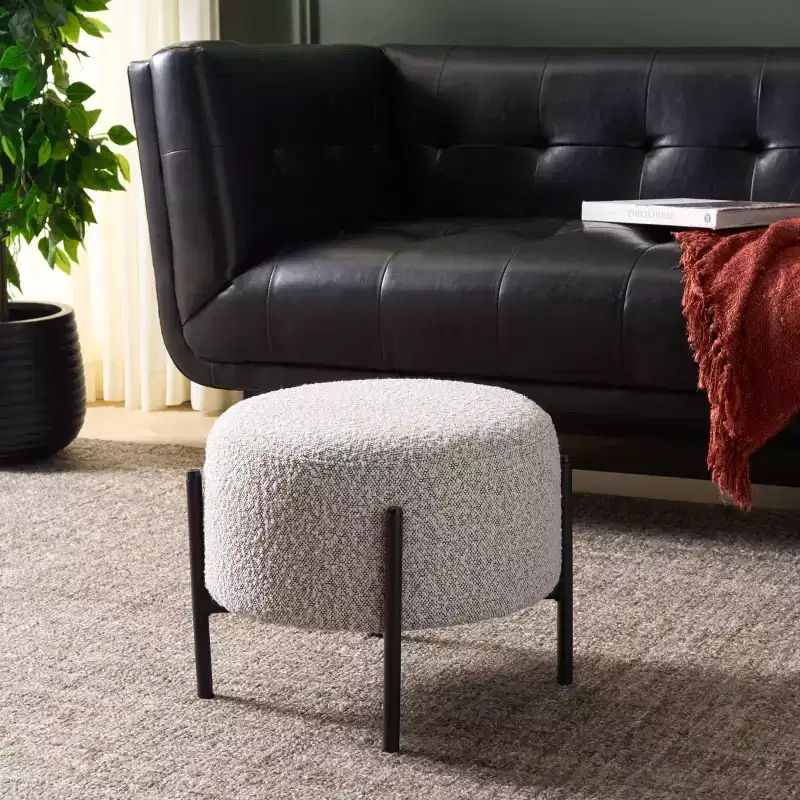 Traditional Padded Ottoman, Plywood and Metal Frame, Cream and Black