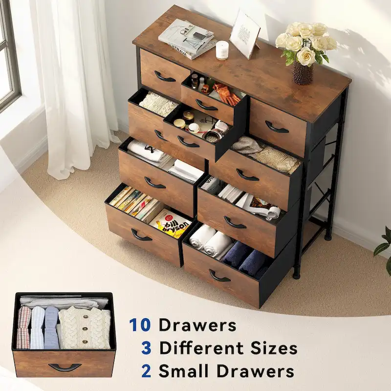 Moasis Rustic Wood-grain Badroom Dresser with Metal Frame, Wooden Top