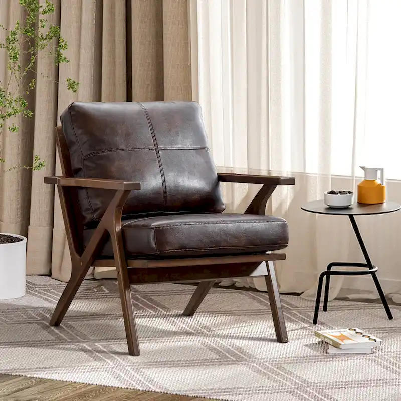 Upholstered Leather Accent Armchair (Solid Wood Frame, Removable Cushions)