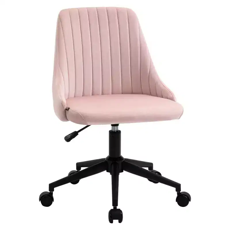 Okak Mid-Back Office Chair, Velvet Vanity Chair with Adjustable Height and 360 Swivel Wheels, Upholstered Comfy Chair for Office, Home, Pink