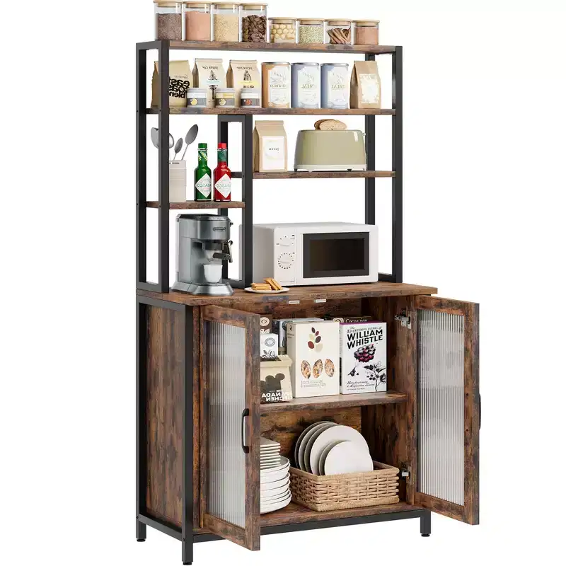 Bakers Rack with Cabinet 5 Tier Microwave Stand 63.78 Standing Bakers Rack with Door Tall Coffee Bar Large Baker Rack Coffee Bar Station Kitchen
