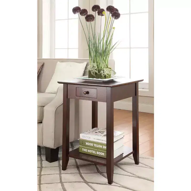 26 in.H Brown Rectangle Wood End Table with Drawer and Shelf