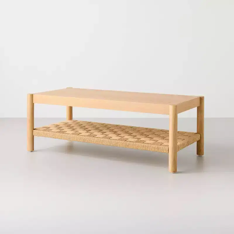Rustic Dowel Leg Coffee Table with Woven Bottom Shelf, Light Brown