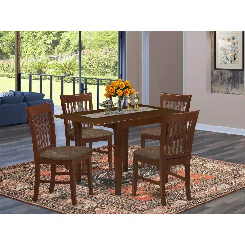 HomeStock 5 Piece Kitchen Table Set Linen Fabric Chairs Mahogany