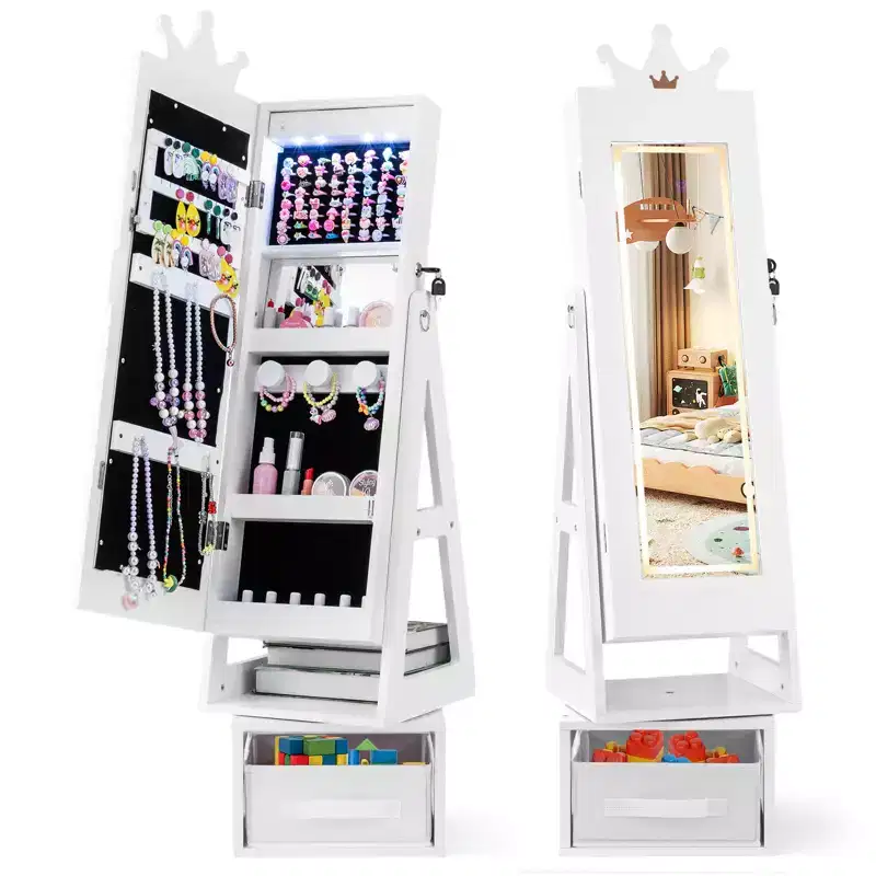 Swivel Kids Jewelry Cabinet w/ Lights Full-Length Mirror & Built-in Mirror