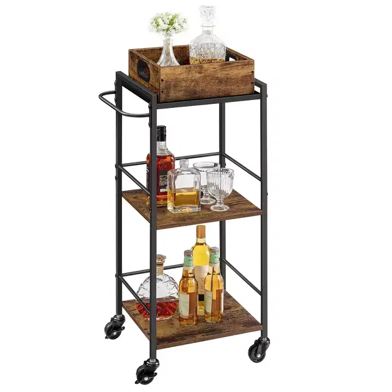 3-Tier Kitchen Serving Cart with Removable Tray, 11.8 x 13.7 x 33.9, Rustic Brown & Black, Wheels with Brakes & Leveling Feet.