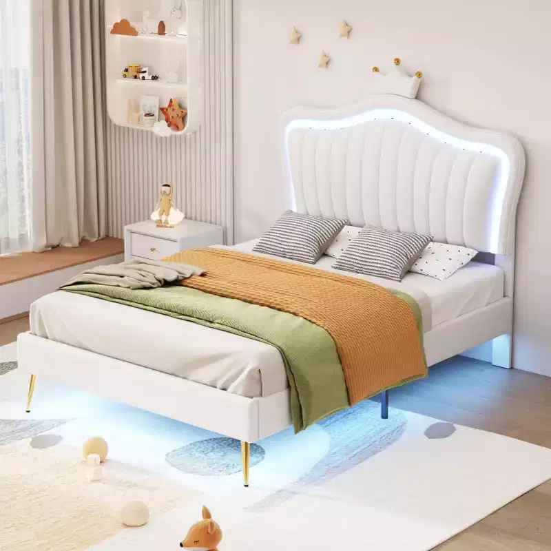 Upholstered Twin Bed Frame with LED Lights and Crown Headboard