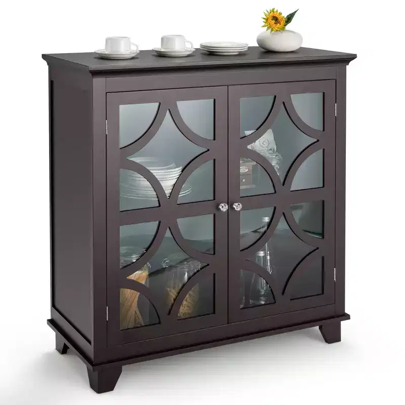 Costway Kitchen Storage Cabinet Buffet Sideboard w/ Glass Doors & Adjustable Shelf