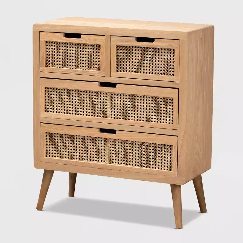 Alina Wood and Rattan 4 Drawer Accent Chest Oak - Baxton Studio: Small Profile, Bohemian Vibe, Ample Storage