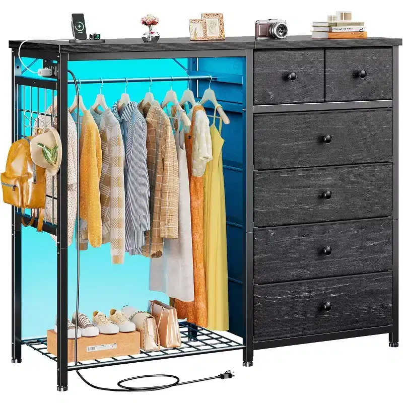 Metal Frame 6-Drawer Fabric Dresser with Hanging Rack 47.2''H Gray