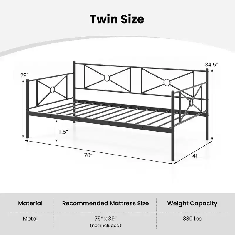 Twin Metal Daybed Frame with Slats, Classic Mattress Foundation Bed Sofa - White/Black