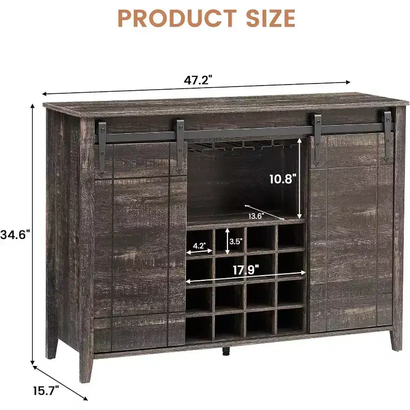 Acekool Bar Cabinet, 47 Buffet Server Sideboard with Sliding Barn Doors, Farmhouse Storage Cabinet with Adjustable Shelf for Dining Room Dark Brown