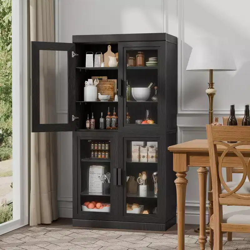 Contemporary Black Wooden Display Cabinet - 6 Shelf Organizer with Four Glass Doors